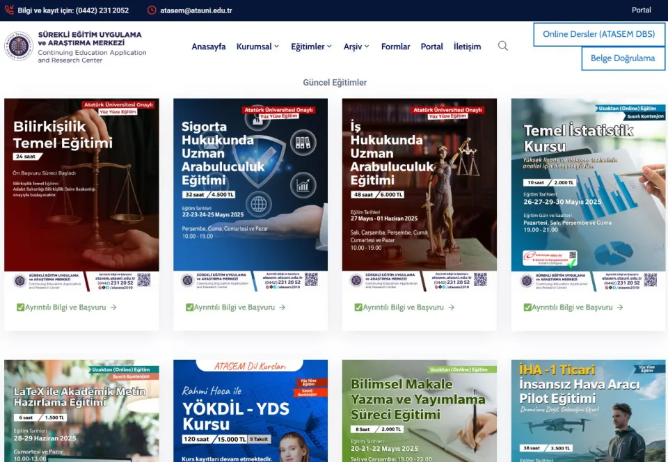 Atatürk Üniversitesi Sürekli Eğitim Uygulama ve Araştırma Merkezi web sitesinin 'Güncel Eğitimler' bölümünde yer alan; bilirkişilik, sigorta hukuku, iş hukuku ve temel istatistik kurslarının kartları.