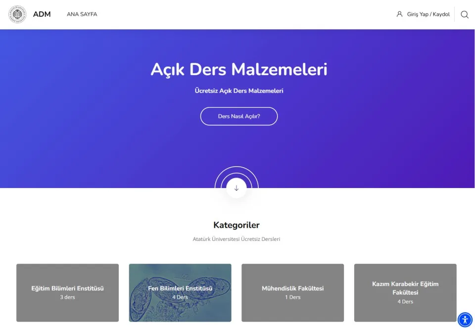 Açık Ders Malzemeleri ana sayfası ekran görüntüsü. Sayfada 'Ders Nasıl Açılır?' butonu ve altında Eğitim Bilimleri, Fen Bilimleri, Mühendislik ve Kazım Karabekir Eğitim fakülteleri kategorileri yer al
