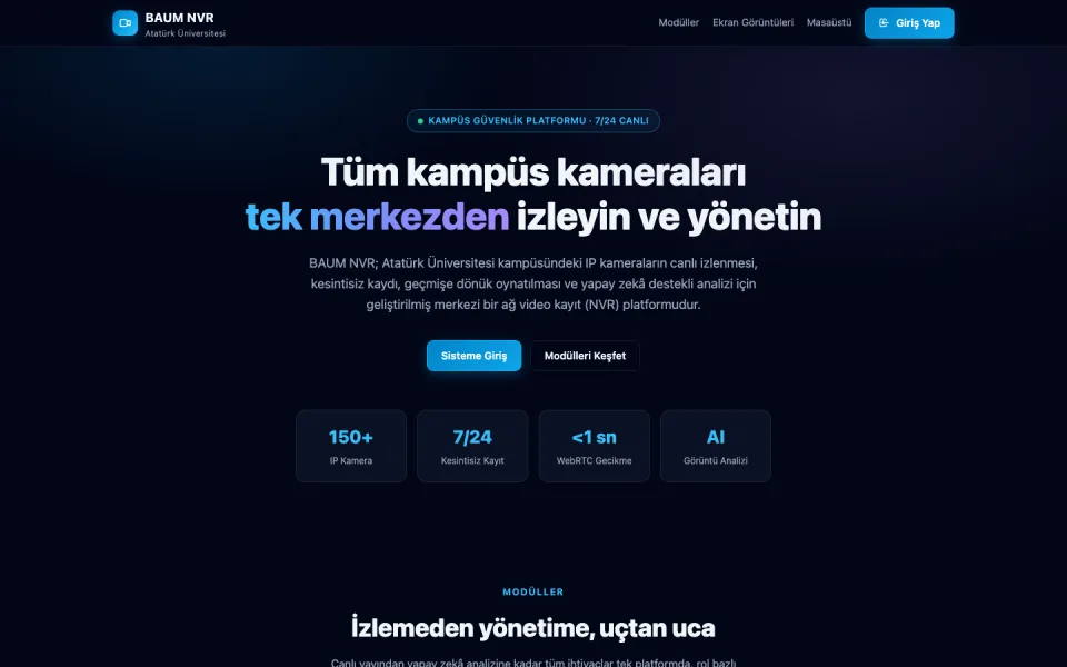 BAUM NVR sisteminin ana sayfası. Sayfada 'Tüm kampüs kameraları tek merkezden izleyin ve yönetin' başlığı, sistem açıklaması, giriş butonu ve kamera sayısı ile kayıt süresi gibi istatistikler yer alıy