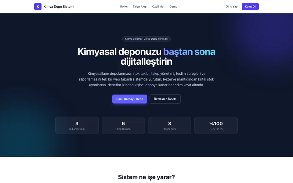 Kimya Depo Sistemi ana sayfası. Sayfada 'Kimyasal deponuzu baştan sona dijitalleştirin' başlığı, açıklama metni, 'Canlı Demoyu Dene' ve 'Özellikleri İncele' butonları ile istatistik kutucukları yer al