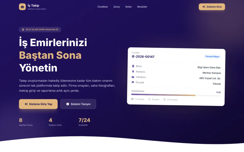 İş Takip Sistemi ana sayfası; sol tarafta 'İş Emirlerinizi Baştan Sona Yönetin' başlığı ve giriş butonları, sağ tarafta ise detayları içeren bir iş emri kartı yer alıyor.