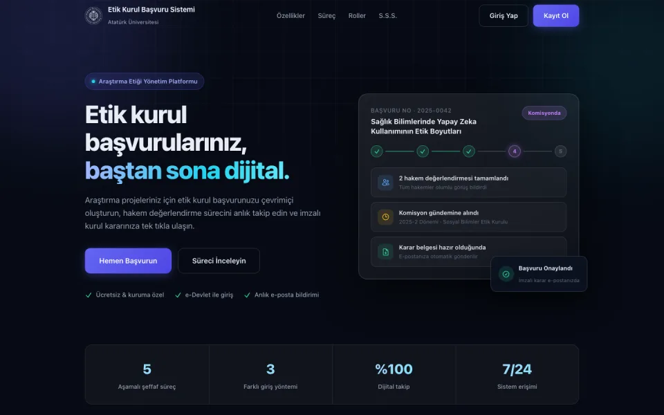 Etik Kurul Başvuru Sistemi ana sayfası; sol tarafta tanıtım metni ve başvuru butonları, sağ tarafta ise bir başvurunun aşamalarını gösteren takip paneli yer alıyor.