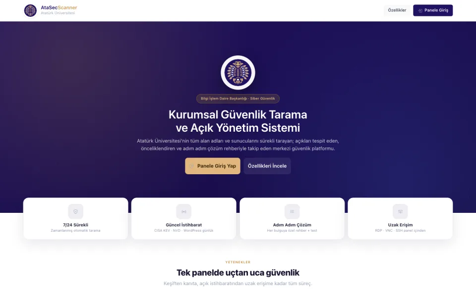 AtaSecScanner ana sayfası ekran görüntüsü. Sayfada 'Kurumsal Güvenlik Tarama ve Açık Yönetim Sistemi' başlığı, giriş butonları ve alt kısımda 7/24 Sürekli, Güncel İstihbarat, Adım Adım Çözüm ve Uzak E