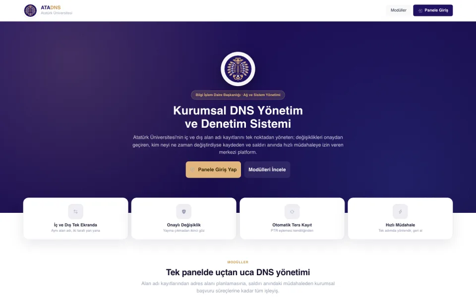 Kurumsal DNS Yönetim ve Denetim Sistemi ana sayfası. Sayfada sistemin amacı açıklanmış, 'Panele Giriş Yap' ve 'Modülleri İncele' butonları ile özelliklerin yer aldığı dört bilgi kartı bulunmaktadır.
