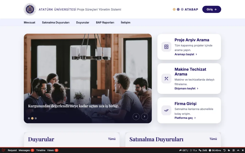 Atatürk Üniversitesi Proje Süreçleri Yönetim Sistemi ana sayfası. Sayfada menü çubuğu, çalışma yapan insan görseli ve Proje Arşiv Arama, Makine Techizat Arama ile Firma Girişi butonları yer alıyor.