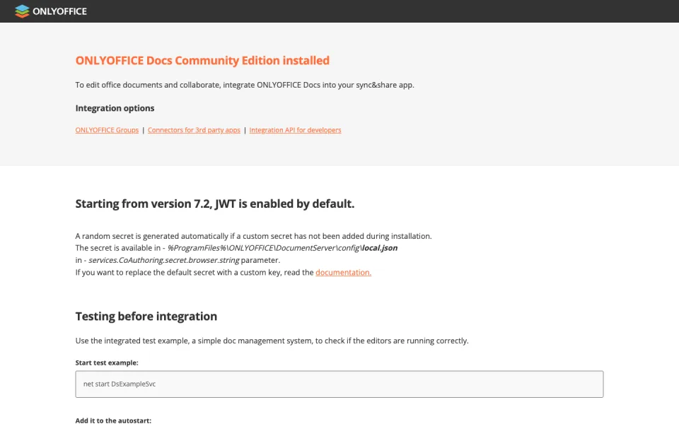 ONLYOFFICE Docs Community Edition kurulum sonrası karşılama ekranı. Sayfada entegrasyon seçenekleri, JWT etkinleştirme bilgisi ve test örneği için komut satırı alanı yer alıyor.