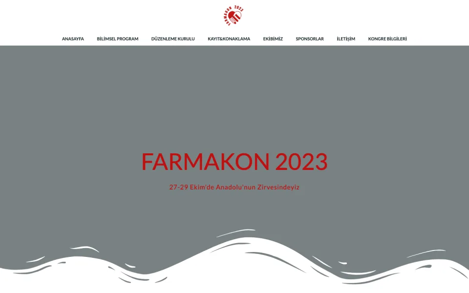 Farmakon 2023 web sitesinin ana sayfası. Üst menüde Anasayfa, Bilimsel Program, Düzenleme Kurulu gibi sekmeler yer alıyor. Ortada kırmızı renkle 'FARMAKON 2023' ve altında tarih bilgisi yazıyor.