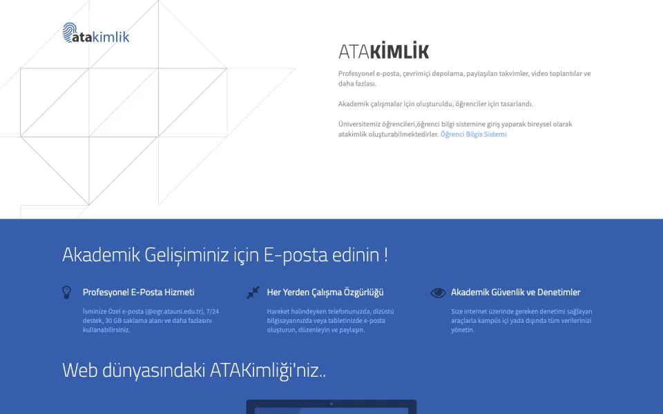 ATAKİMLİK tanıtım sayfası. Sayfada profesyonel e-posta, her yerden çalışma özgürlüğü ve akademik güvenlik başlıkları altında sunulan hizmetlerin açıklamaları yer alıyor.