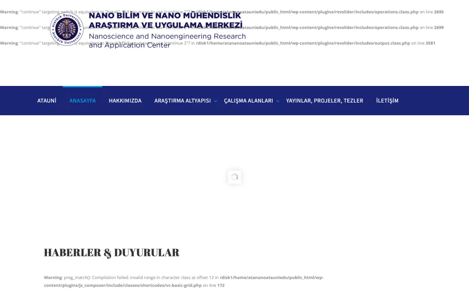 Nano Bilim ve Nano Mühendislik Araştırma ve Uygulama Merkezi web sitesinin ana sayfası; üstte logo, kurum adı, navigasyon menüsü ve altta Haberler & Duyurular başlığı yer alıyor.