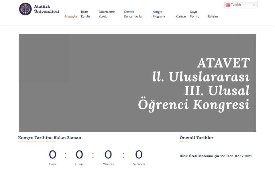 Atatürk Üniversitesi ATAVET II. Uluslararası III. Ulusal Öğrenci Kongresi ana sayfası. Sayfada kongre başlığı, geri sayım sayacı ve son bildiri gönderim tarihi yer alıyor.