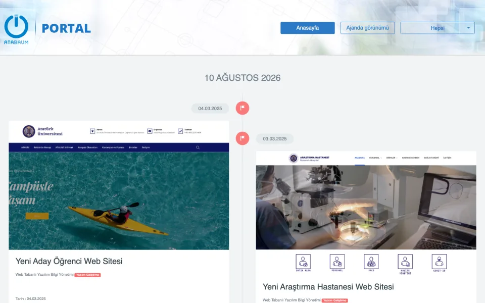 Baumportal ana sayfasının ekran görüntüsü. Sayfada '10 Ağustos 2026' tarihi altında, 'Yeni Aday Öğrenci Web Sitesi' ve 'Yeni Araştırma Hastanesi Web Sitesi' başlıklı iki proje kartı yer alıyor.