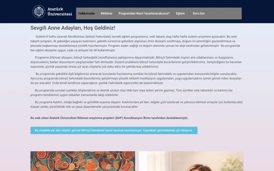 Atatürk Üniversitesi Bilinçli Farkındalık Programı tanıtım sayfası. Sayfada 'Sevgili Anne Adayları, Hoş Geldiniz!' başlığı altında programın içeriği ve amacı hakkında bilgilendirme metinleri yer alıyo