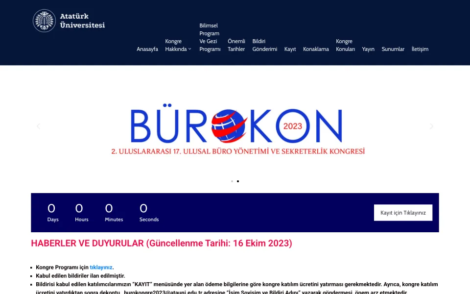 Atatürk Üniversitesi logosu ve navigasyon menüsünün bulunduğu, merkezde 'BÜROKON 2023' logosu ile altında kongre adının yazdığı ana sayfa ekran görüntüsü. Alt kısımda geri sayım aracı ve duyurular yer