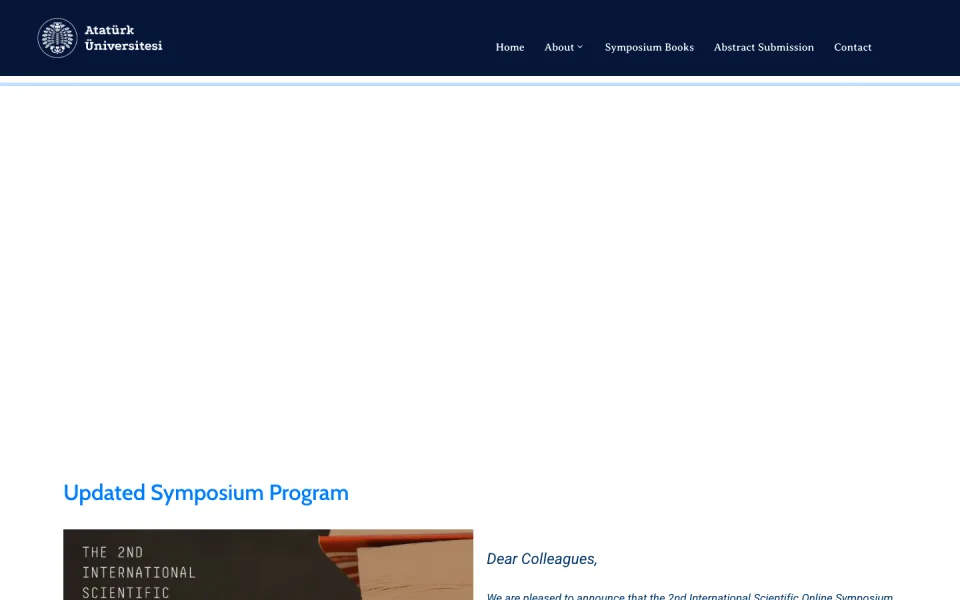 Atatürk Üniversitesi web sitesinin üst menüsünde Home, About, Symposium Books, Abstract Submission ve Contact sekmeleri yer alıyor. Sayfa içeriğinde Updated Symposium Program başlığı bulunuyor.