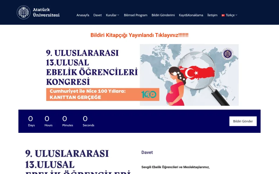 Atatürk Üniversitesi web sitesinde 9. Uluslararası 13. Ulusal Ebelik Öğrencileri Kongresi tanıtım sayfası; kongre başlığı, 'Cumhuriyet ile Nice 100 Yıllara: Kanıttan Gerçeğe' sloganı ve geri sayım ara