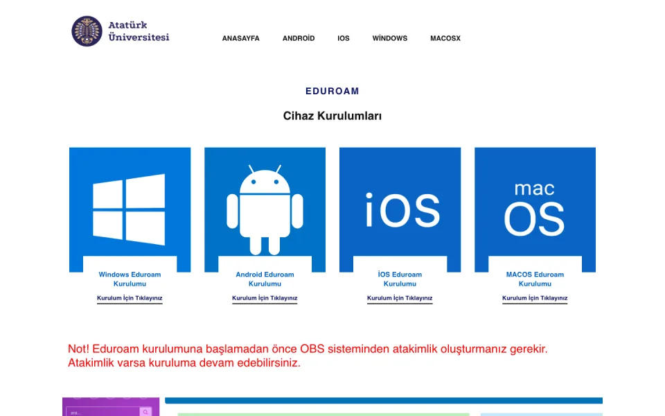 Atatürk Üniversitesi Eduroam Cihaz Kurulumları sayfası; Windows, Android, iOS ve MacOS işletim sistemleri için kurulum bağlantılarının bulunduğu dört ayrı kutucuk yer alıyor.