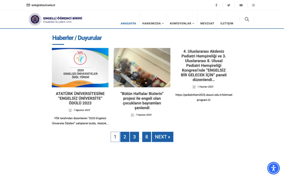 Engelli Öğrenci Birimi web sitesinin Haberler ve Duyurular sayfası; sayfada güncel haber kartları ve alt kısımda sayfalama butonları yer alıyor.