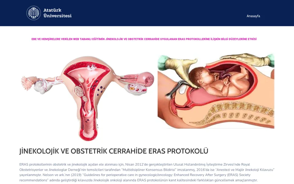 Atatürk Üniversitesi logolu web sayfası ekran görüntüsü. Sayfada kadın üreme sistemi ve sezaryen ameliyatı ile bebek doğumunu gösteren iki anatomik çizim ve ERAS protokolü hakkında açıklama metni yer 