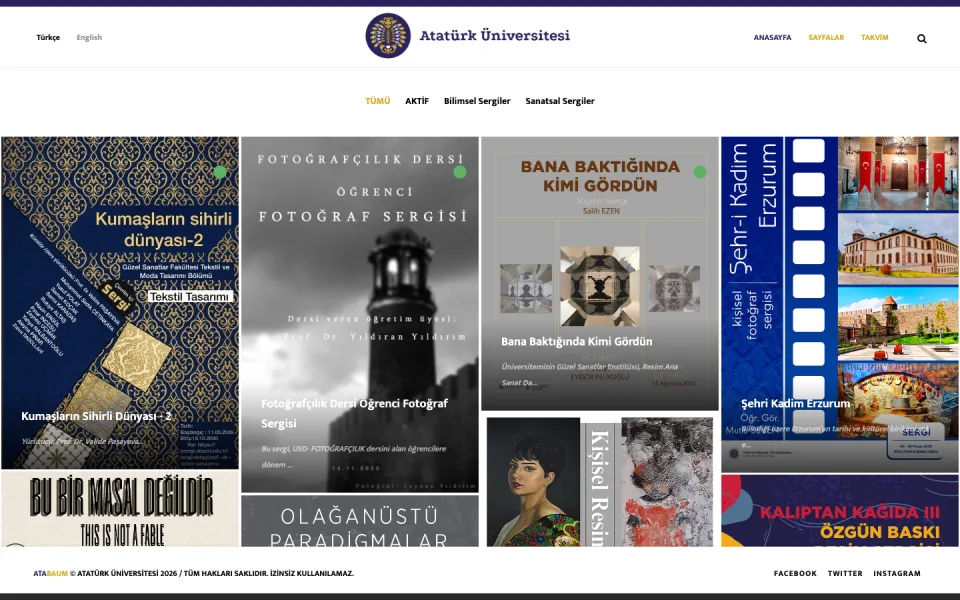 Atatürk Üniversitesi Esergi platformunun ana sayfası; sayfada 'Kumaşların Sihirli Dünyası - 2', 'Fotoğrafçılık Dersi Öğrenci Fotoğraf Sergisi' ve 'Bana Baktığında Kimi Gördün' gibi sergi afişleri yer 