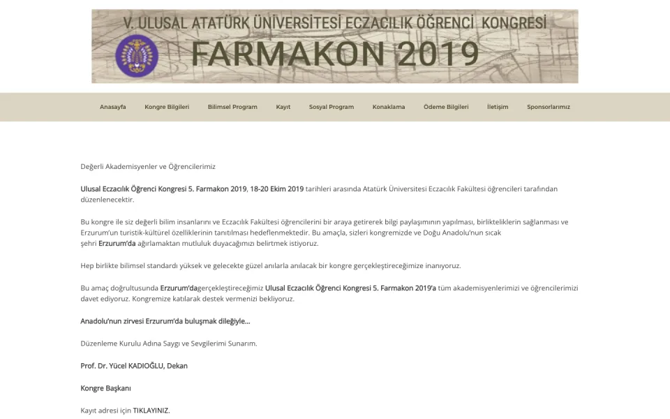 V. Ulusal Atatürk Üniversitesi Eczacılık Öğrenci Kongresi Farmakon 2019 web sitesinin ana sayfası. Üstte logo ve menü, altta kongre hakkında bilgilendirme metni yer alıyor.