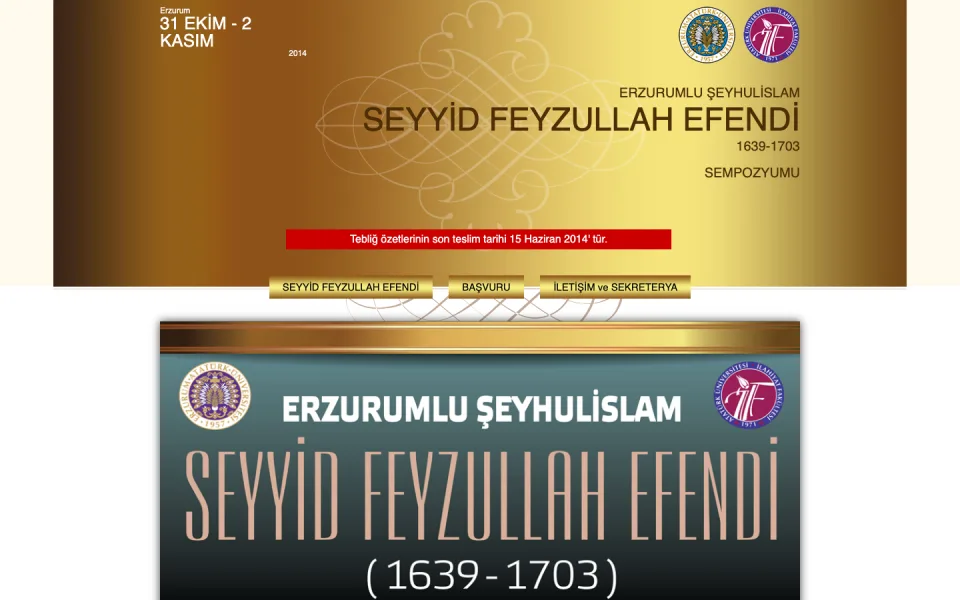 Erzurumlu Şeyhulislam Seyyid Feyzullah Efendi Sempozyumu'nun tarih, başlık ve menü seçeneklerini içeren web sayfası ekran görüntüsü.