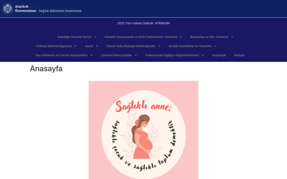 ATABAUM web sitesinin anasayfa ekranı. Sayfanın merkezinde, hamile bir kadın illüstrasyonunun etrafında 'Sağlıklı anne; sağlıklı çocuk ve sağlıklı toplum demektir' yazan dairesel bir görsel yer alıyor