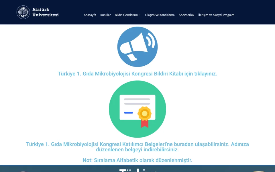 Atatürk Üniversitesi web sayfası ekran görüntüsü. Sayfada megafon ikonuyla 'Bildiri Kitabı için tıklayınız' ve sertifika ikonuyla 'Katılımcı Belgeleri'ne ulaşabileceğiniz yönlendirme metinleri yer alı