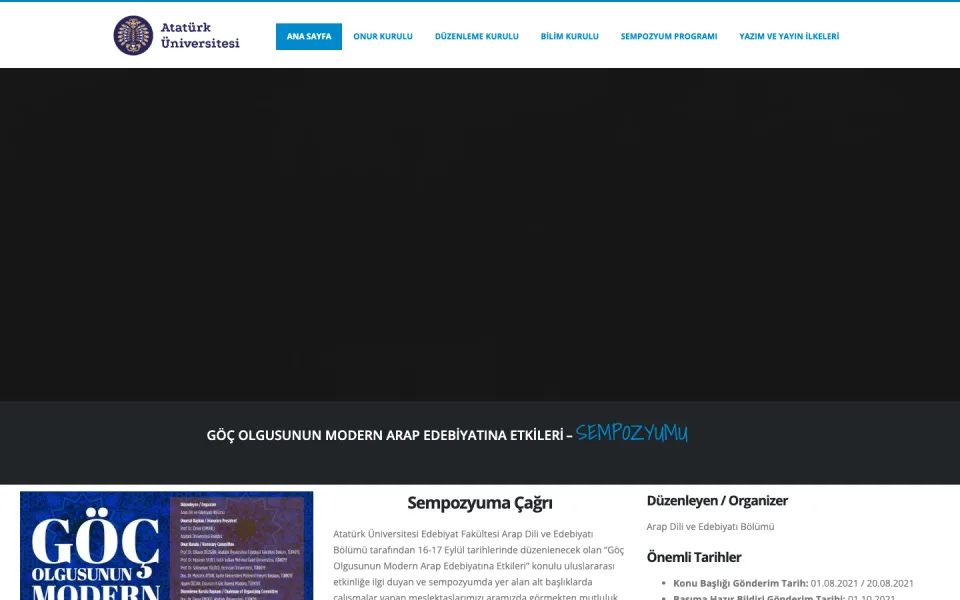 Atatürk Üniversitesi web sitesinin Göç Olgusunun Modern Arap Edebiyatına Etkileri Sempozyumu tanıtım sayfası; sempozyum çağrısı, düzenleyen kurum ve önemli tarihler bölümleri yer alıyor.