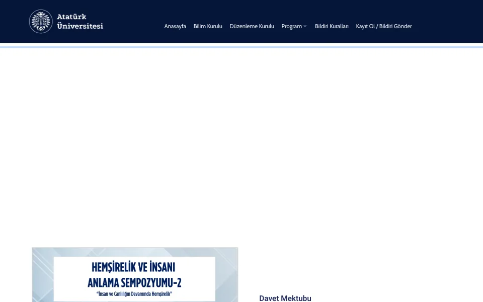 Atatürk Üniversitesi web sitesinin üst menüsünün ve altında 'Hemşirelik ve İnsanı Anlama Sempozyumu-2' başlığı ile 'Davet Mektubu' yazısının bulunduğu ekran görüntüsü.