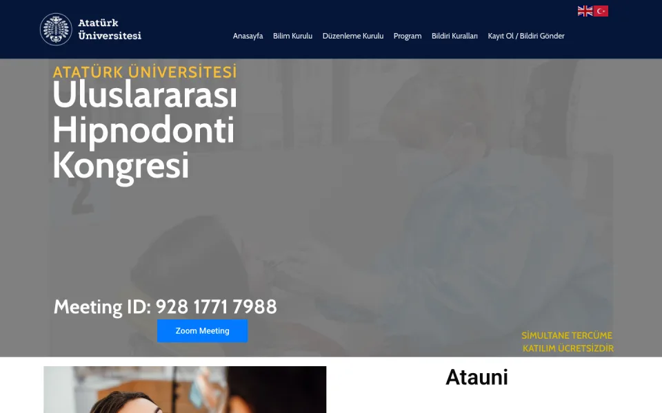 Atatürk Üniversitesi Uluslararası Hipnodonti Kongresi web sayfası ekran görüntüsü. Sayfada etkinlik başlığı, Zoom toplantı kimlik numarası ve 'Zoom Meeting' butonu yer alıyor.