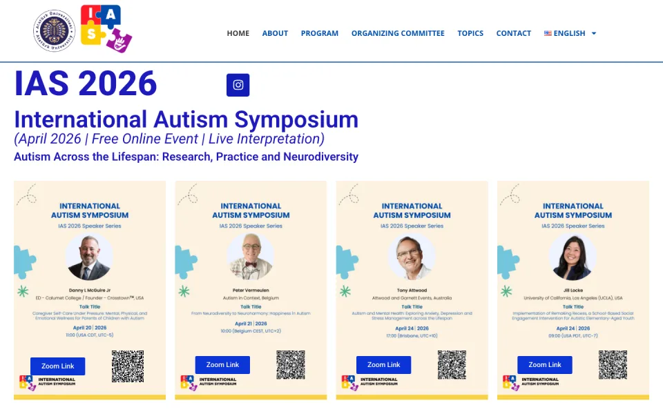 International Autism Symposium 2026 web sayfası ekran görüntüsü. Sayfada etkinliğin başlığı, tarih bilgisi ve yan yana dizilmiş dört farklı konuşmacının fotoğrafı ile sunum detaylarını içeren kartlar 