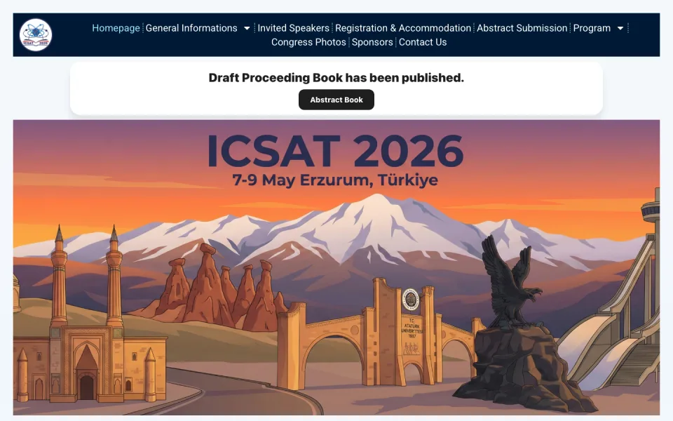 ICSAT 2026 web sitesinin ana sayfası. Üstte menü çubuğu, ortada 'Draft Proceeding Book has been published' yazılı bir duyuru alanı ve altta Erzurum temalı illüstrasyon yer alıyor.