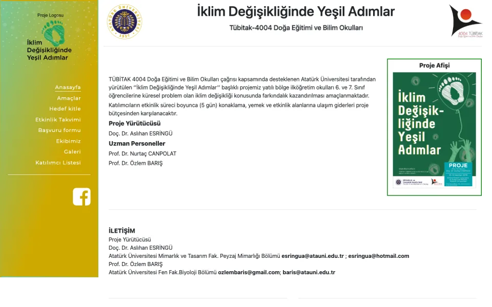 İklim Değişikliğinde Yeşil Adımlar projesinin tanıtım sayfası. Sayfada proje logosu, menü bağlantıları, proje detayları, yürütücü ve uzman personel listesi ile iletişim bilgileri yer alıyor.