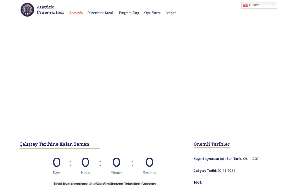 Atatürk Üniversitesi web sayfası ekran görüntüsü. Sayfada 'Çalıştay Tarihine Kalan Zaman' başlığı altında sıfırlanmış bir geri sayım sayacı ve 'Önemli Tarihler' listesi yer alıyor.