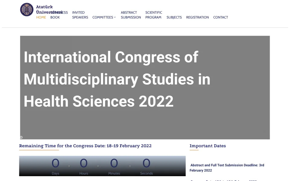 Atatürk Üniversitesi'nin International Congress of Multidisciplinary Studies in Health Sciences 2022 web sayfası ekran görüntüsü. Sayfada kongre başlığı, geri sayım aracı ve önemli tarihler yer alıyor