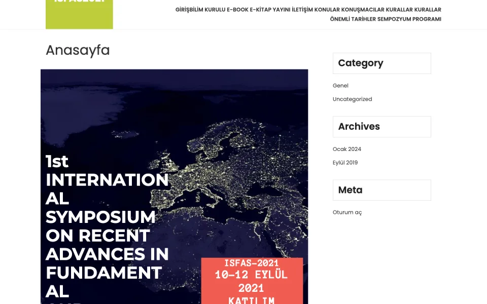 ISFAS-2021 sempozyumu tanıtım sayfası ekran görüntüsü. Sayfada Avrupa merkezli gece ışıkları haritası, '1st International Symposium on Recent Advances in Fundamental' metni ve tarih bilgisi yer alıyor