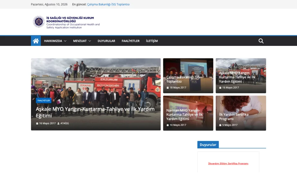 İş Sağlığı ve Güvenliği Kurum Koordinatörlüğü web sitesinin ana sayfası; üstte menü, ortada eğitim ve toplantı haberlerinin yer aldığı görsel kartlar ve altta duyurular bölümü bulunmaktadır.
