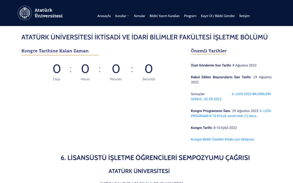 Atatürk Üniversitesi İktisadi ve İdari Bilimler Fakültesi İşletme Bölümü'ne ait, kongreye kalan zamanı gösteren sıfırlanmış bir sayaç ve önemli tarihlerin listelendiği web sayfası ekran görüntüsü.