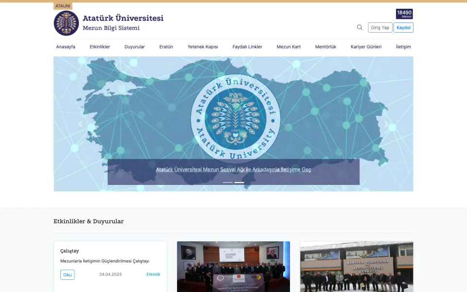 Atatürk Üniversitesi Mezun Bilgi Sistemi ana sayfası. Üstte menü, ortada Türkiye haritası üzerinde üniversite logosu bulunan bir banner ve altta Etkinlikler ve Duyurular bölümü yer alıyor.