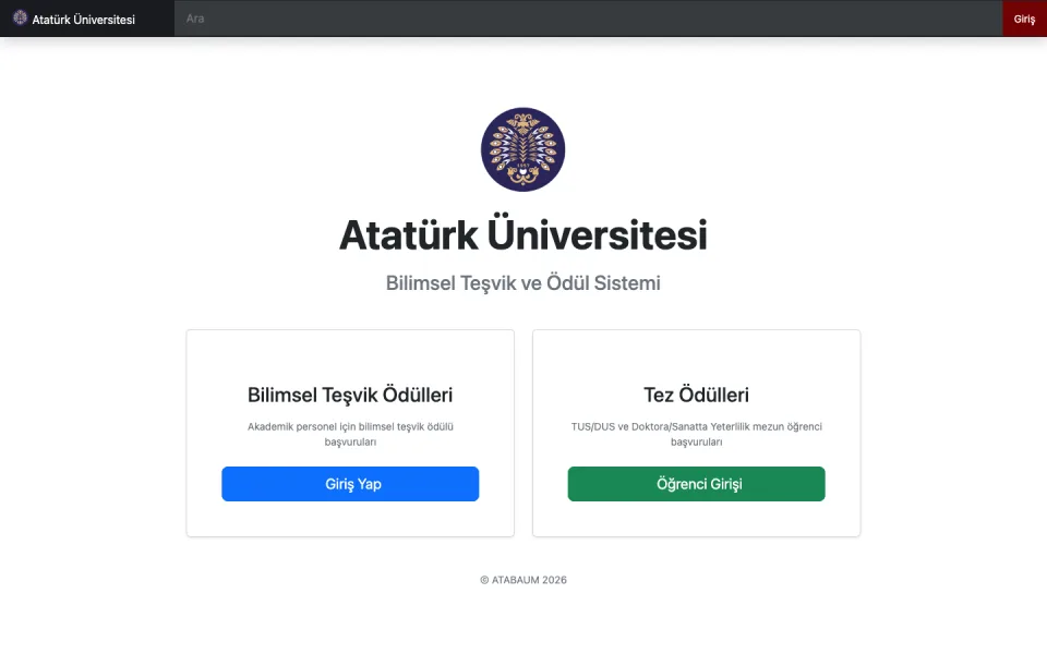 Atatürk Üniversitesi Bilimsel Teşvik ve Ödül Sistemi giriş ekranı. Sayfada 'Bilimsel Teşvik Ödülleri' için Giriş Yap butonu ve 'Tez Ödülleri' için Öğrenci Girişi butonu yer alıyor.