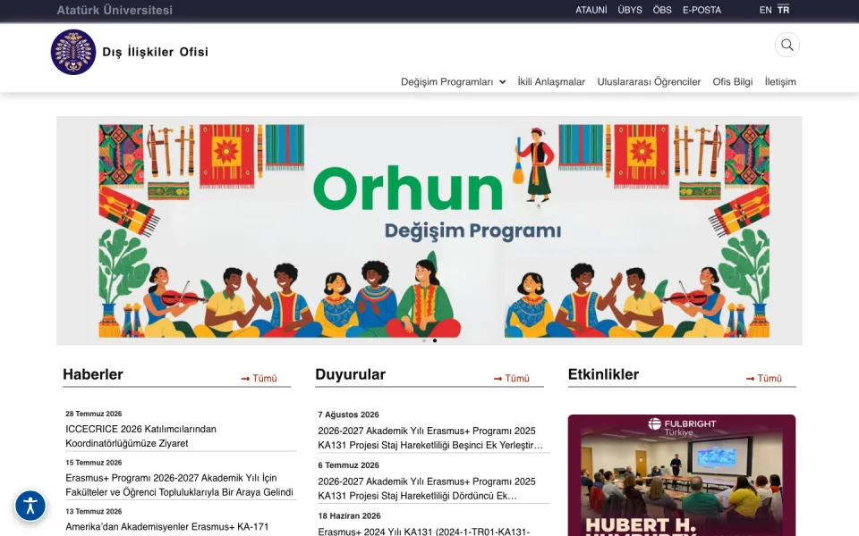 Atatürk Üniversitesi Dış İlişkiler Ofisi web sayfasının ekran görüntüsü. Sayfada Orhun Değişim Programı banner'ı ile Haberler, Duyurular ve Etkinlikler bölümleri yer alıyor.