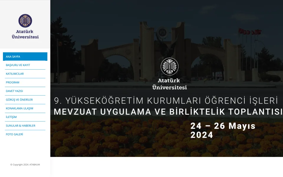 Atatürk Üniversitesi logosu, sol tarafta menü bağlantıları ve merkezde '9. Yükseköğretim Kurumları Öğrenci İşleri Mevzuat Uygulama ve Birliktelik Toplantısı 24-26 Mayıs 2024' yazılı ana sayfa ekranı.