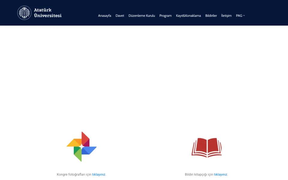 Atatürk Üniversitesi web sitesi ekran görüntüsü. Sayfada renkli bir fotoğraf ikonu altında 'Kongre fotoğrafları için tıklayınız' ve açık kırmızı bir kitap ikonu altında 'Bildiri kitapçığı için tıklayı