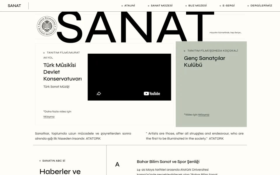 Sanat sayfasının ekran görüntüsü. Sayfada Türk Mûsikîsi Devlet Konservatuvarı ve Genç Sanatçılar Kulübü'ne ait tanıtım videoları, Atatürk'ün sanatla ilgili sözleri yer alıyor.