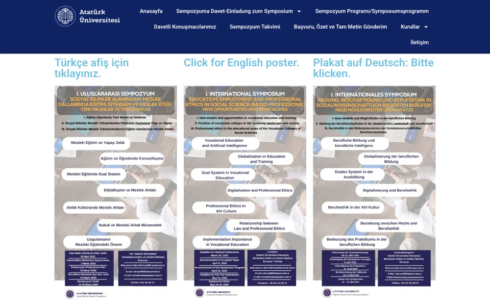 Atatürk Üniversitesi web sitesinin üst menüsünün altında; Türkçe, İngilizce ve Almanca dillerinde hazırlanmış üç farklı sempozyum afişi yan yana yer alıyor.