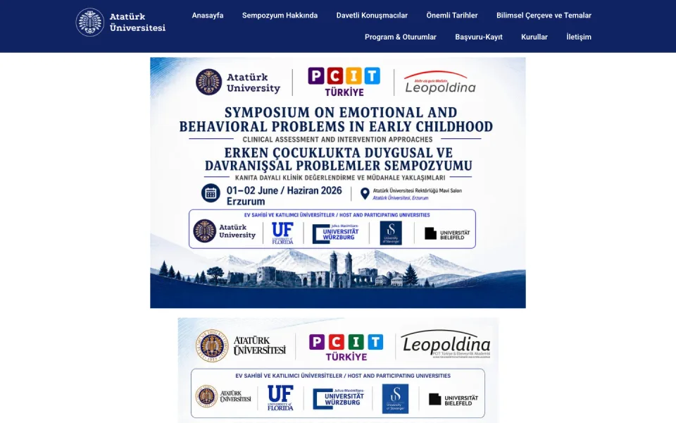 Atatürk Üniversitesi web sitesinde, 01-02 Haziran 2026 tarihlerinde Erzurum'da düzenlenecek olan 'Erken Çocuklukta Duygusal ve Davranışsal Problemler Sempozyumu'nun afişi.