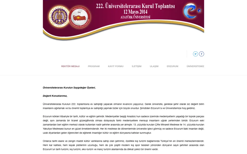 UAK Toplantı Sayfası'nın ekran görüntüsü. Üstte 222. Üniversitelerarası Kurul Toplantısı başlığı, tarih ve Atatürk Üniversitesi bilgisi yer alan bir banner; altında menü ve rektör mesajı metni bulunuy