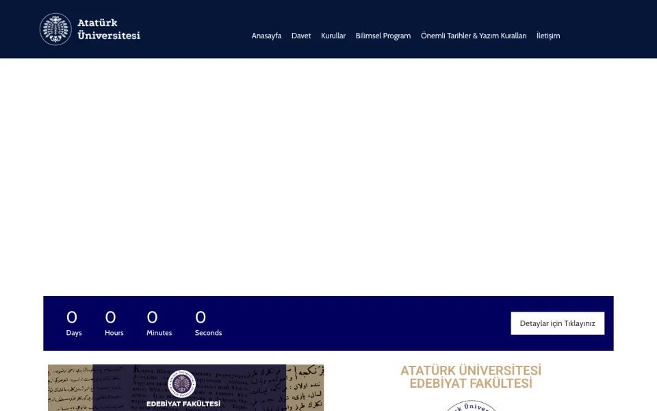 Atatürk Üniversitesi web sitesinin ana sayfası; üstte menü çubuğu, ortada sıfırlanmış bir geri sayım sayacı ve altta Edebiyat Fakültesi'ne ait belgeler ile logo yer alıyor.