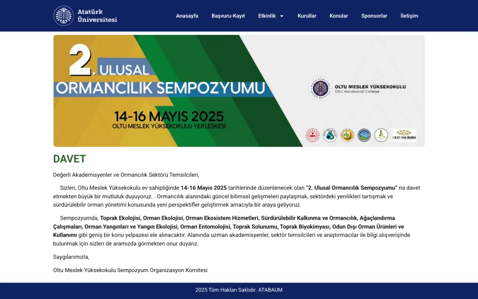 Atatürk Üniversitesi web sitesinin davet sayfası. Sayfada '2. Ulusal Ormancılık Sempozyumu' başlığı, 14-16 Mayıs 2025 tarihi ve Oltu Meslek Yüksekokulu yerleşkesi bilgisi ile bir davet metni yer alıyo