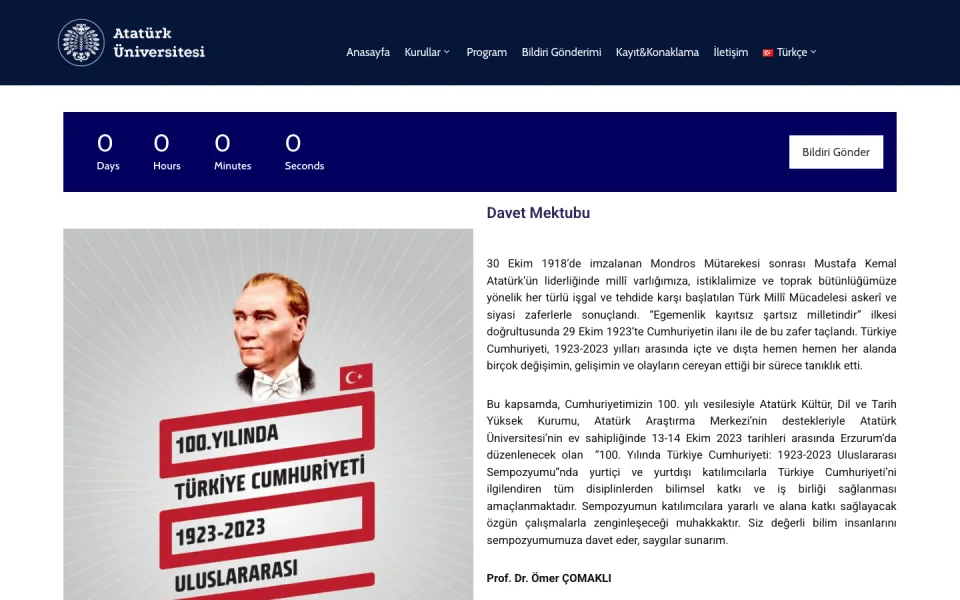 Atatürk Üniversitesi web sitesinin Davet Mektubu sayfası. Sayfada geri sayım aracı, 'Bildiri Gönder' butonu ve Mustafa Kemal Atatürk'ün portresinin yer aldığı sempozyum afişi bulunuyor.